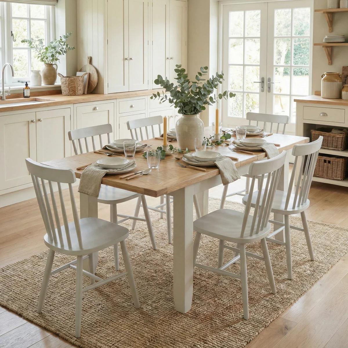 Burford 6 Seat Extending Dining Set with Spindleback Dining Chair in Warm White
