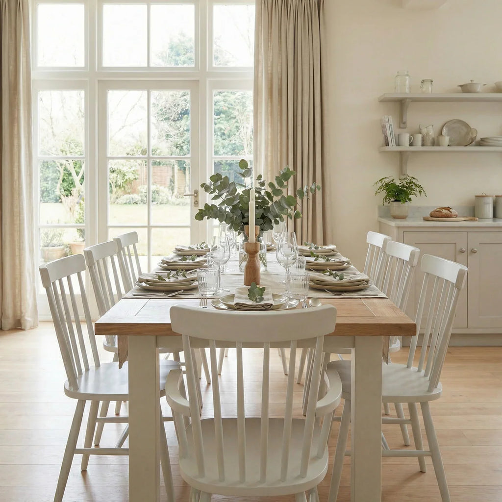 Burford 8 Seat Extending Dining Set with Spindleback Dining and Armchairs in Warm White