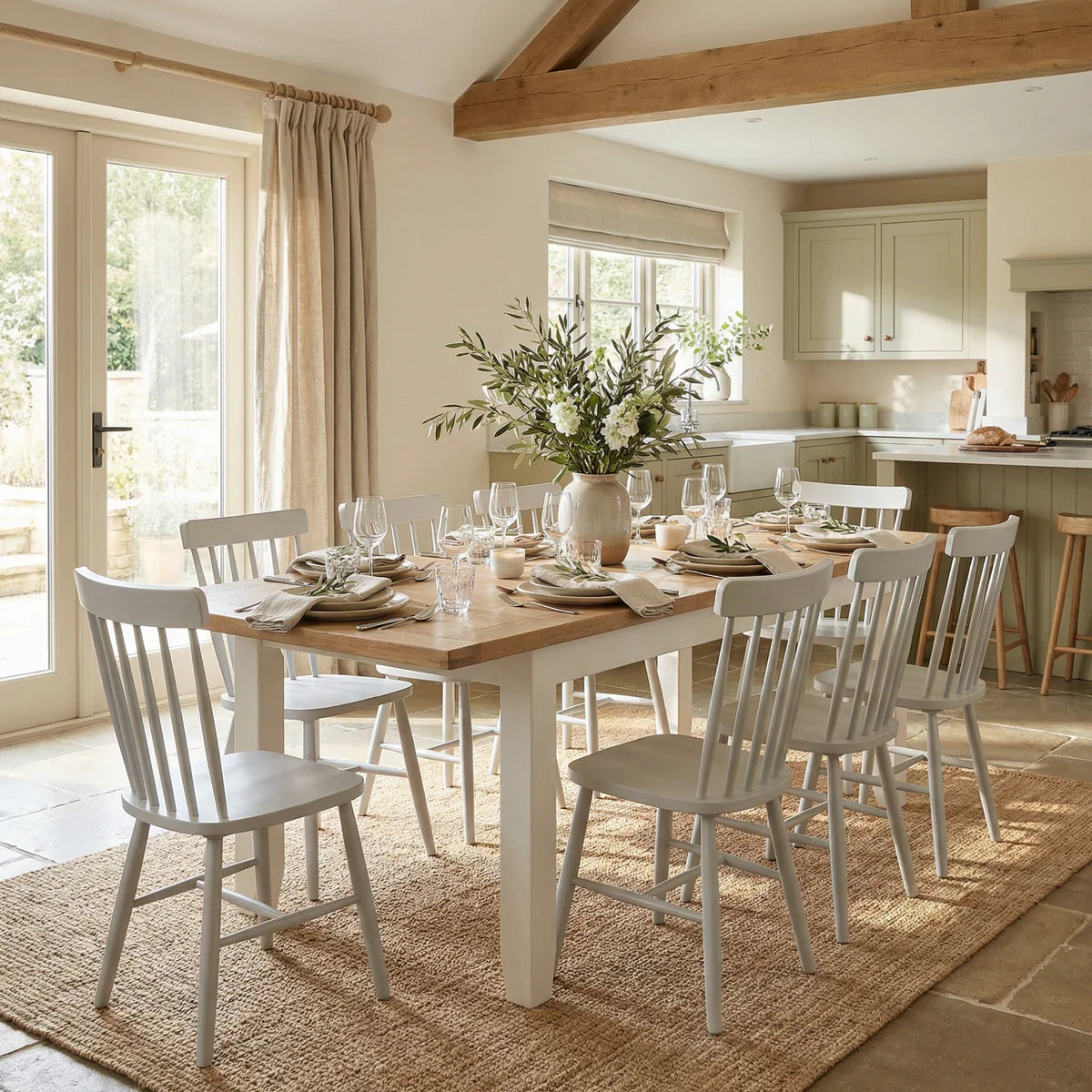 Burford 8 Seat Extending Dining Set with Spindleback Dining Chair in Warm White