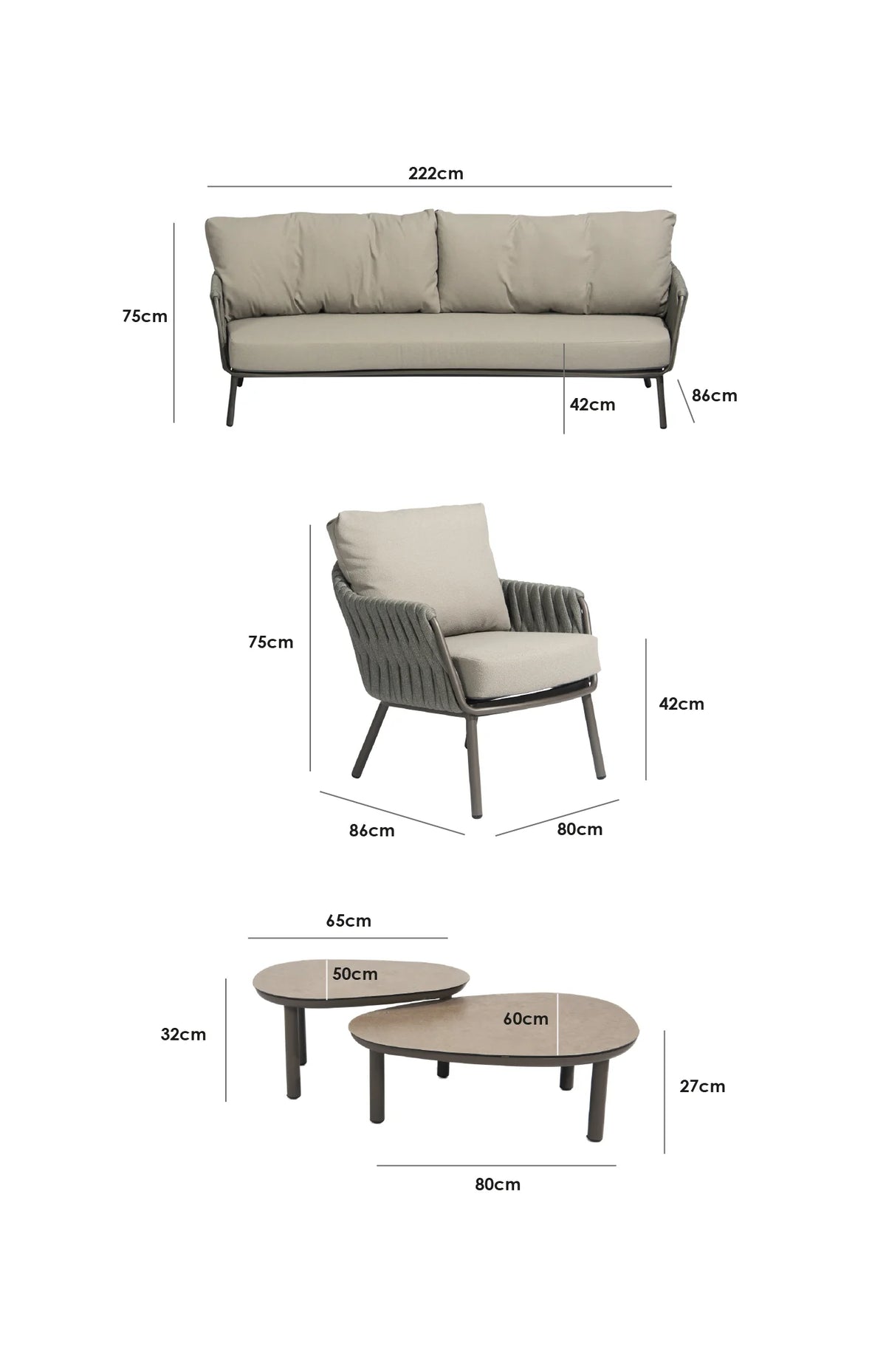 Capri 3 Seat Sofa Set in Stone Grey