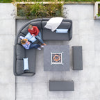 Luna Deluxe Outdoor Fabric Square Corner Dining Set with Rising Firepit Table in Grey