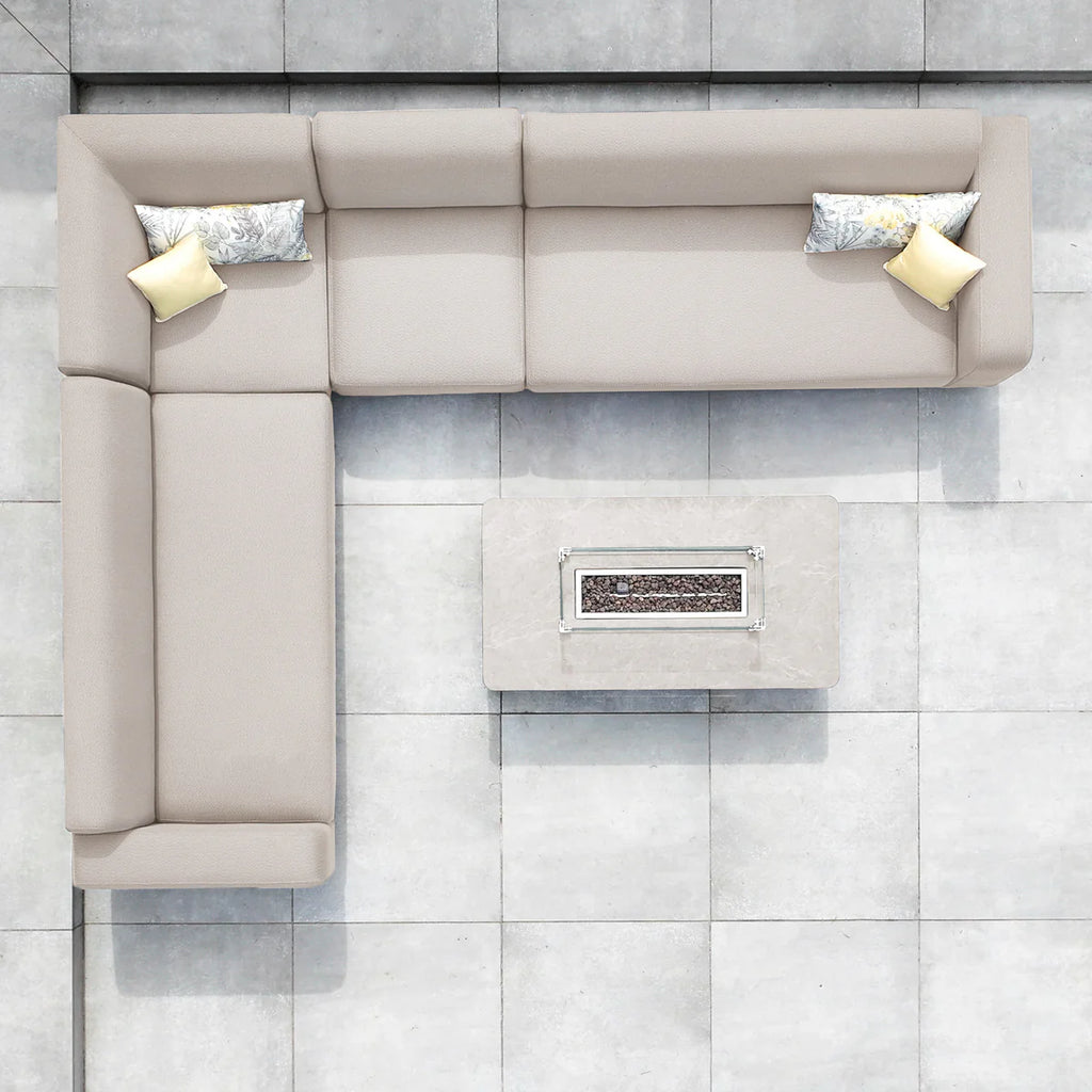 Luna Outdoor Fabric Corner Sofa Set with Firepit Coffee Table in Fawn