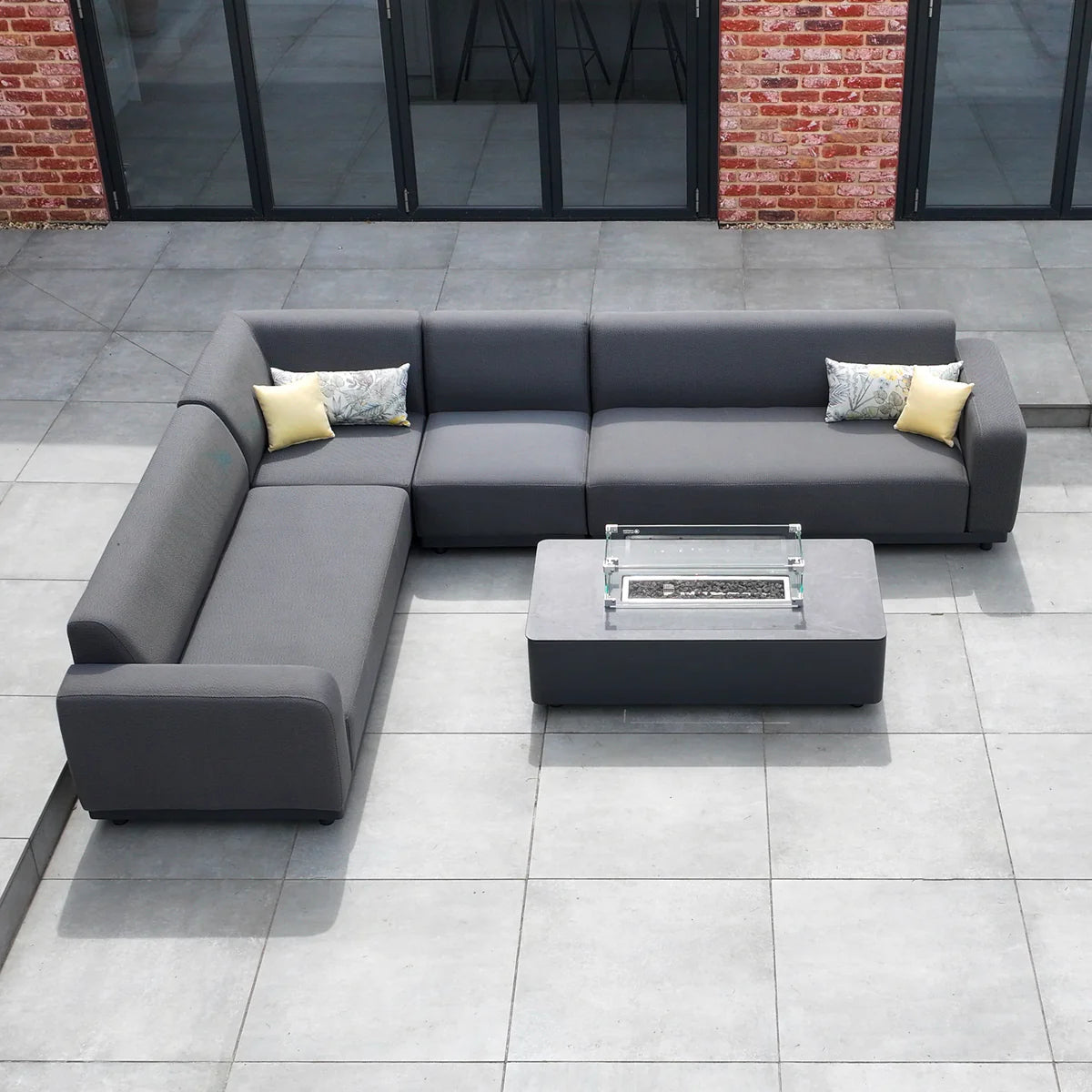 Luna Outdoor Fabric Corner Sofa Set with Firepit Coffee Table in Grey