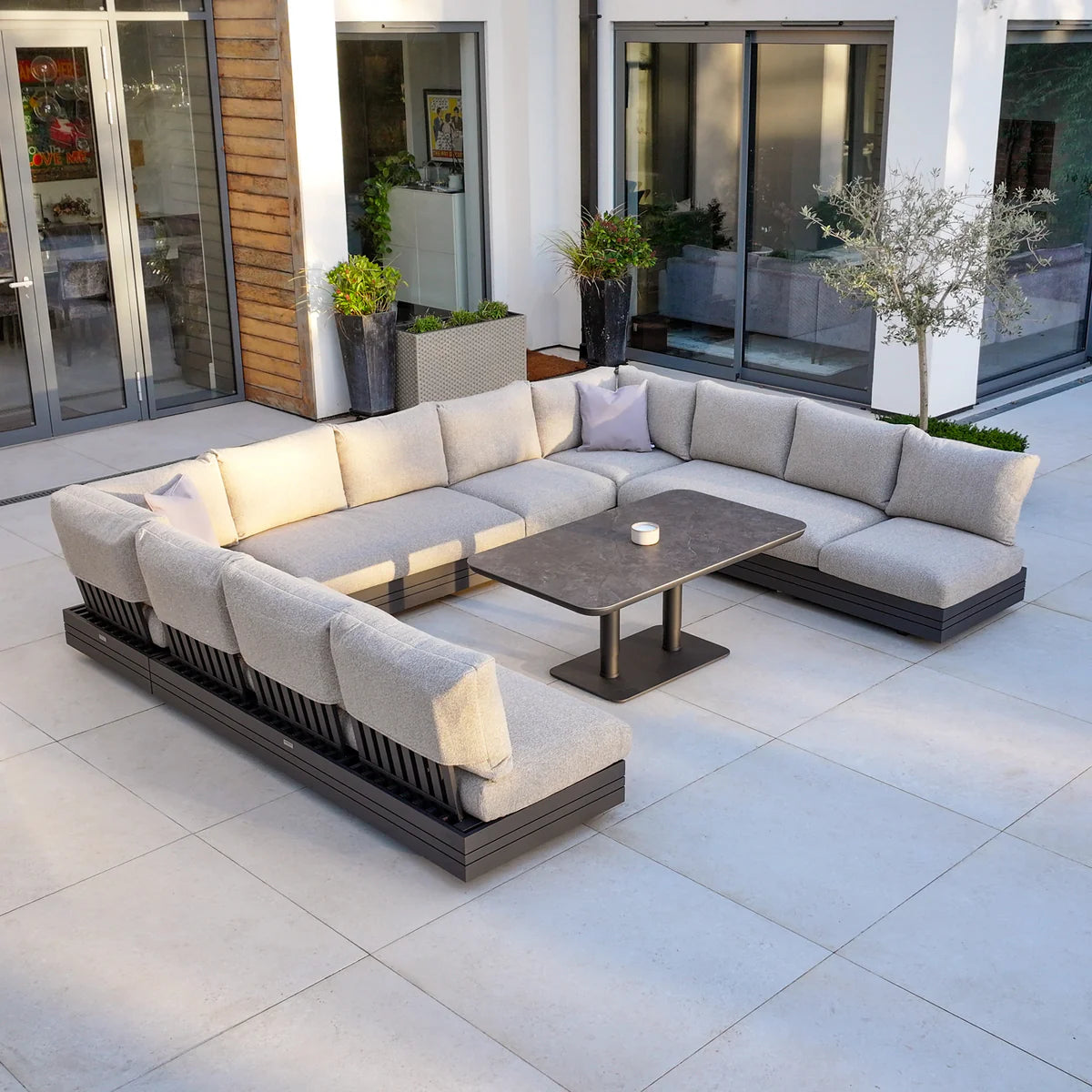 Savona Luxury Outdoor Large U-Shape Corner Sofa Set with Altura Rising Table in Truffle