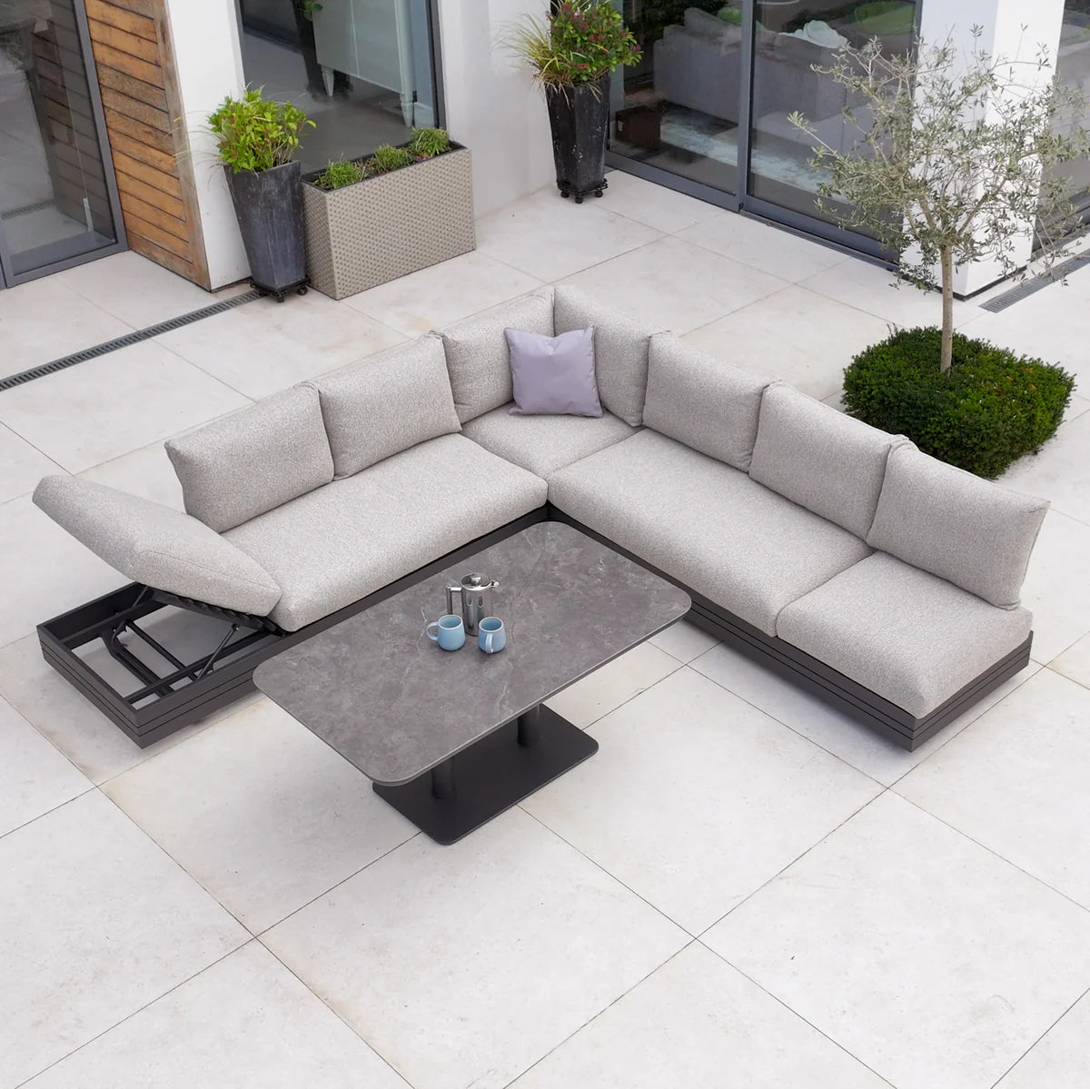 Savona Luxury Outdoor Large Corner Sofa Set with Altura Rising Table in Truffle
