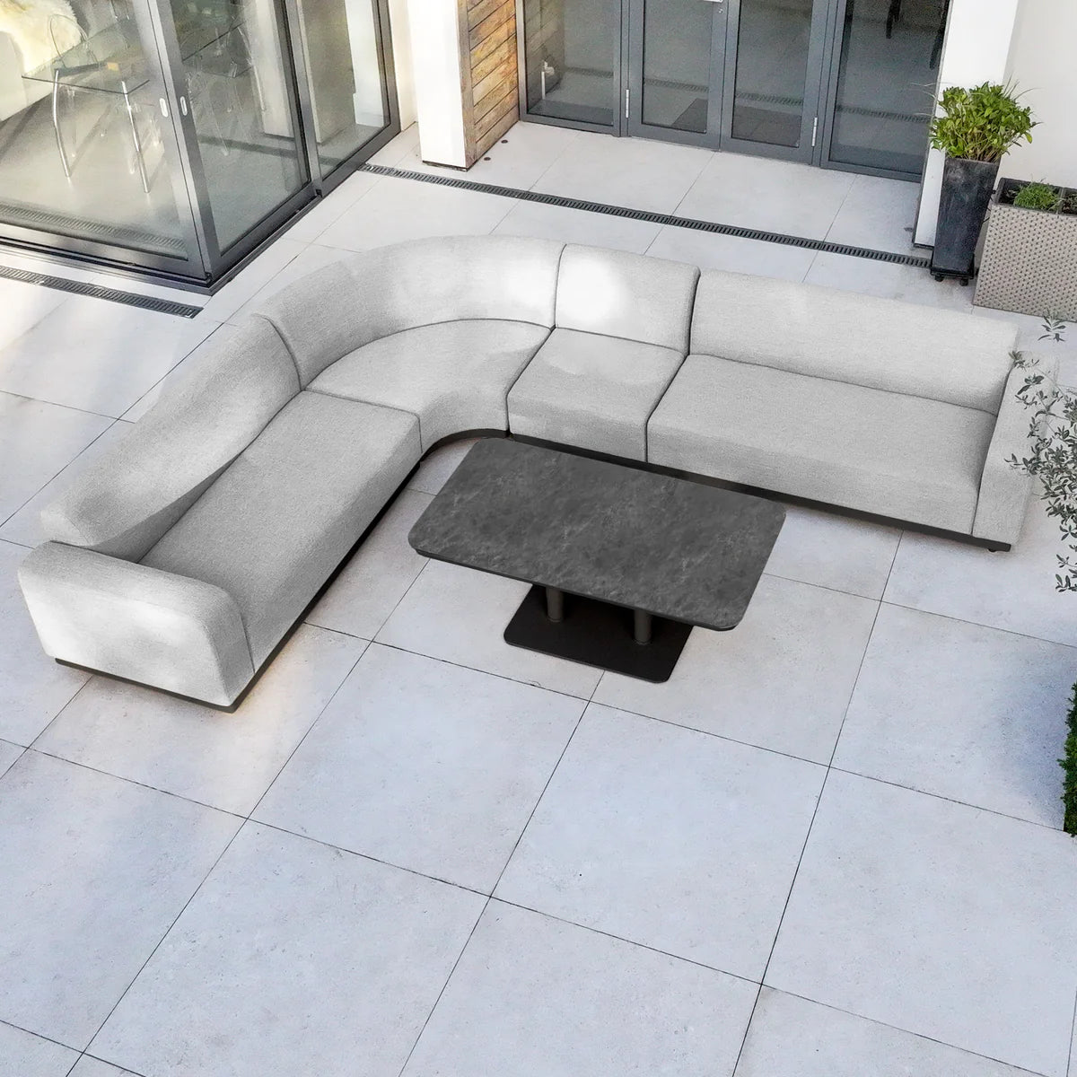Luna Outdoor Fabric Large Curved Corner Sofa Set with Altura Rising Table in Oyster Grey