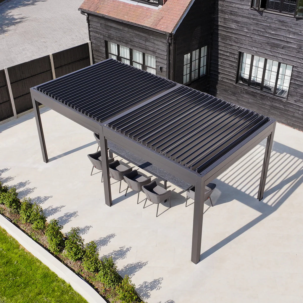 PergoSTET Deluxe 3m x 6m Rectangular Pergola with Motorised LED Louvres and 4 Manual Side Blinds in Grey