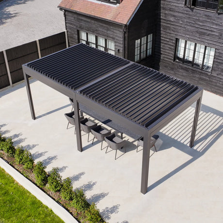 PergoSTET Deluxe 3m x 6m Rectangular Pergola with Motorised LED Louvres and 4 Manual Side Blinds in Grey