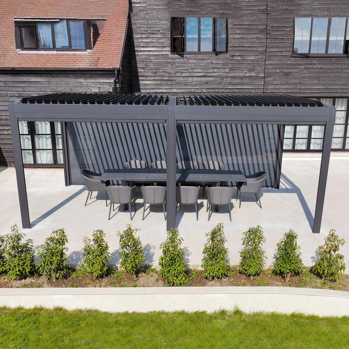 PergoSTET Deluxe 3m x 6m Rectangular Pergola with Motorised LED Louvres and 4 Manual Side Blinds in Grey