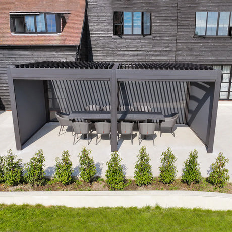 PergoSTET Deluxe 3m x 6m Rectangular Pergola with Motorised LED Louvres and 4 Manual Side Blinds in Grey