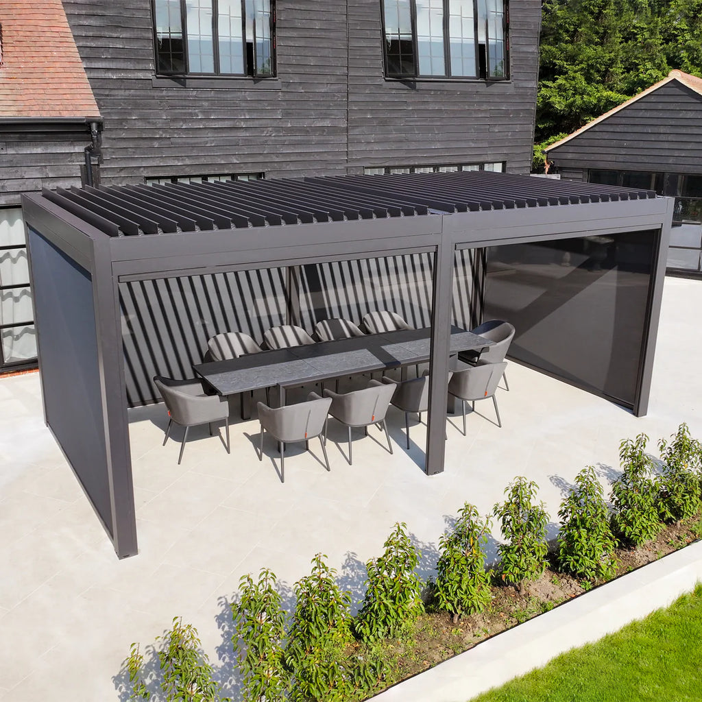 PergoSTET Deluxe 3m x 6m Rectangular Pergola with Motorised LED Louvres and 4 Manual Side Blinds in Grey