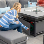 Luna Deluxe Outdoor Fabric Square Corner Dining Set with Rising Firepit Table in Grey