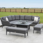 Luna Deluxe Outdoor Fabric Square Corner Dining Set with Rising Firepit Table in Grey