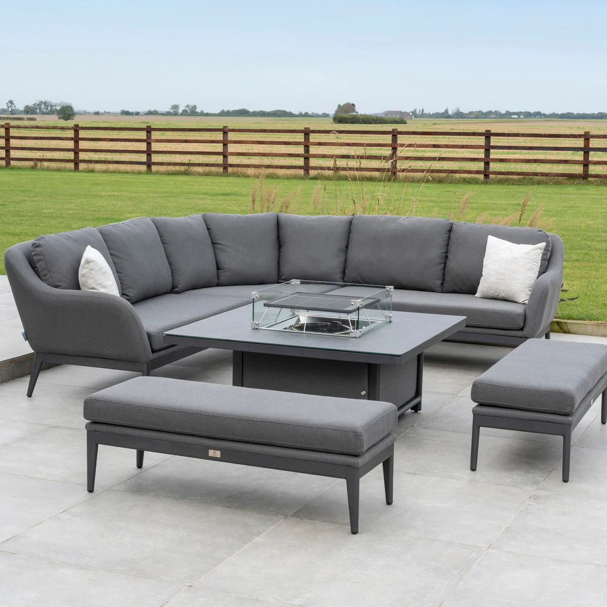Luna Deluxe Outdoor Fabric Square Corner Dining Set with Rising Firepit Table in Grey