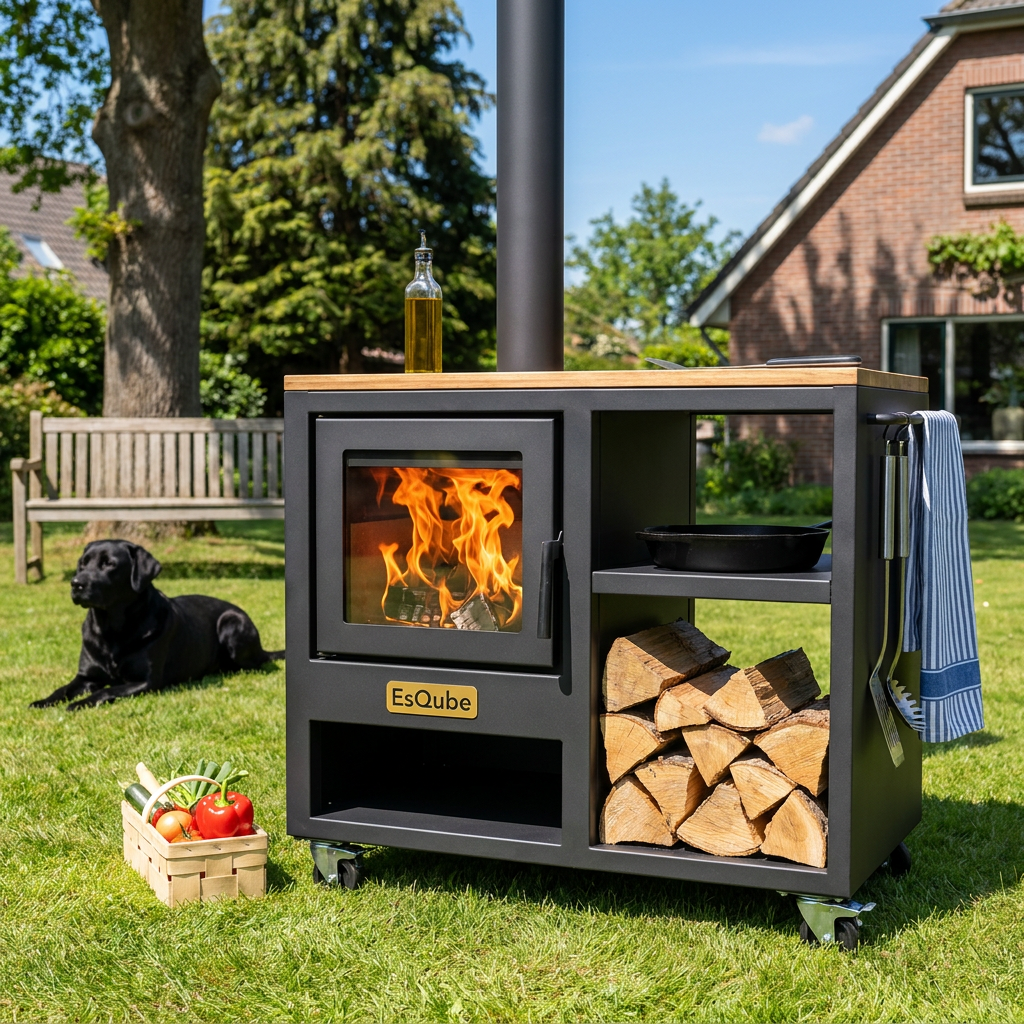 BBQube Mobile Steel Log Store & Side Table with Stainless Steel Shelf