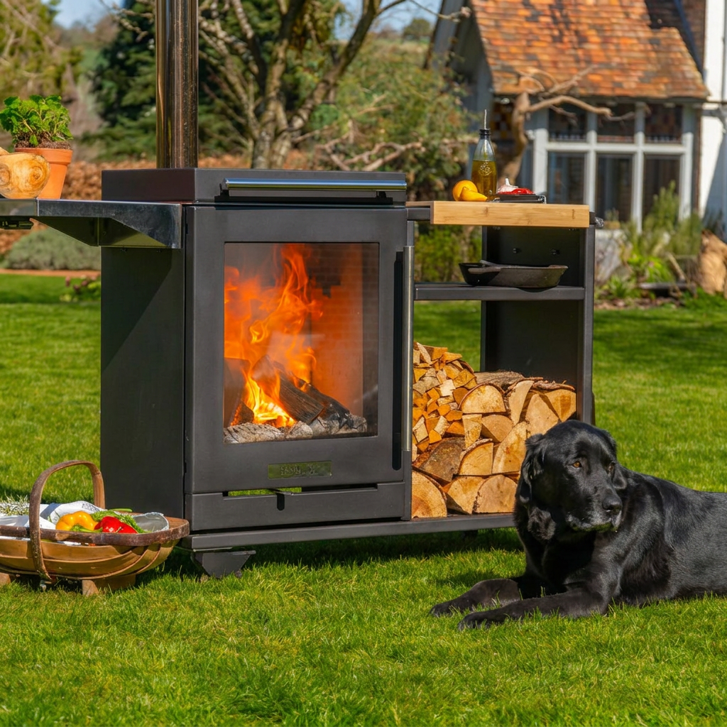 BBQube Mobile Steel Log Store & Side Table with Stainless Steel Shelf