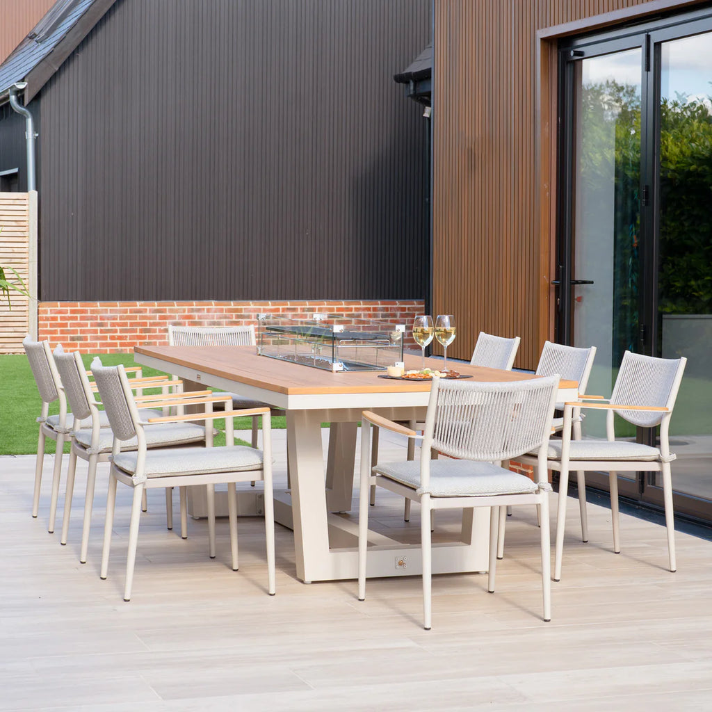Tellaro 8 Seat Rectangular Teak Firepit Dining Set in Latte