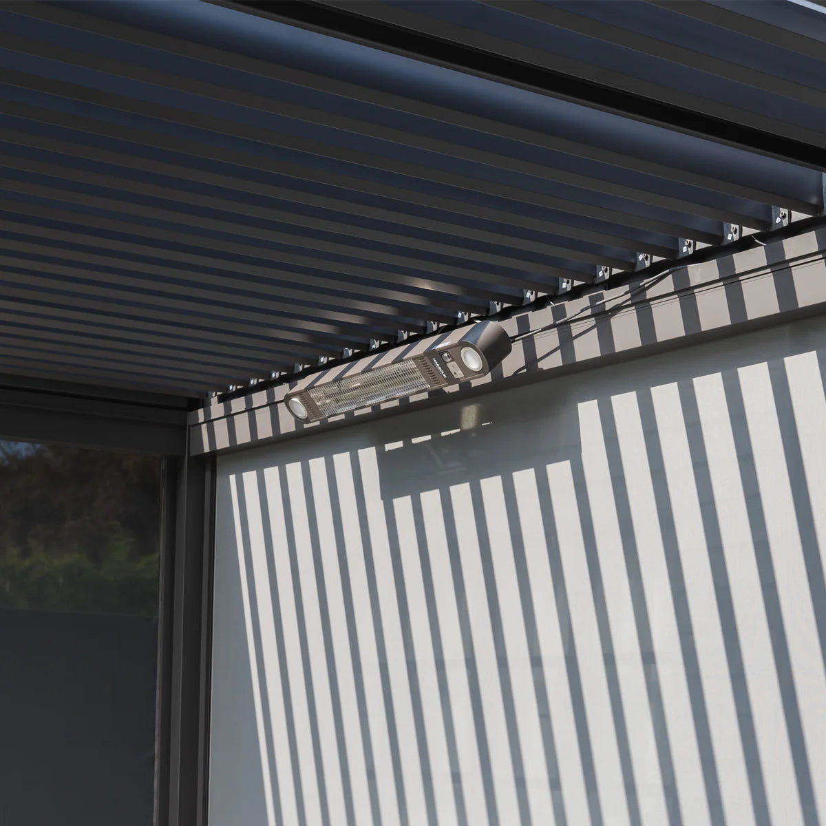 PergoSTET Deluxe 3m x 6m Rectangular Pergola with Motorised LED Louvres and 4 Manual Side Blinds in Grey