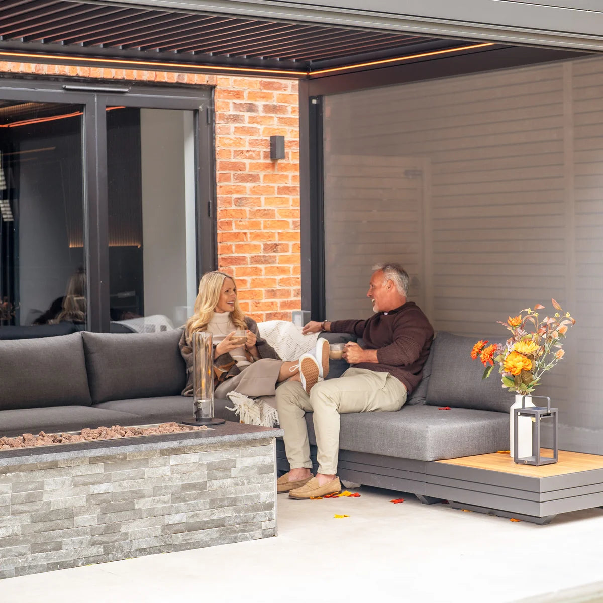PergoSTET Plus 3m x 3m Square Pergola with 3 Manual Side Blinds and LED Lighting in Grey
