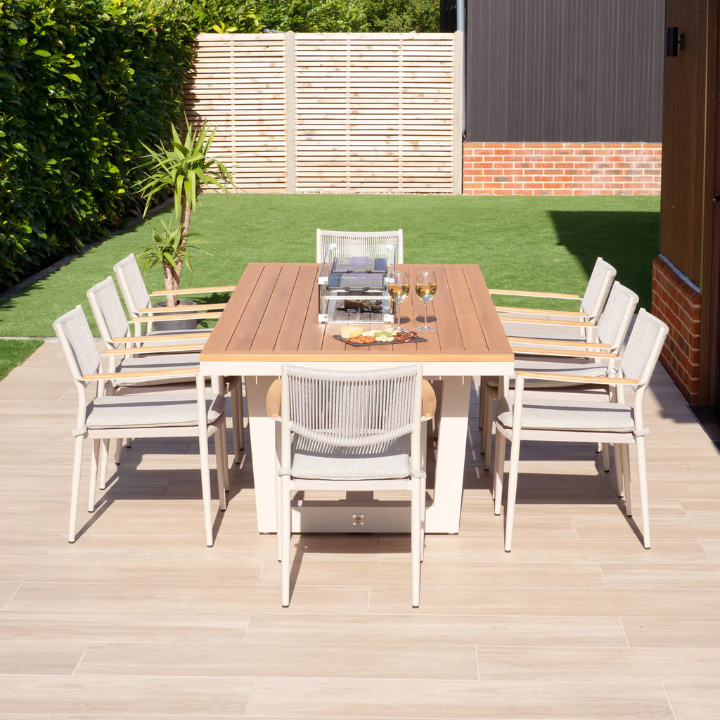 Tellaro 8 Seat Rectangular Teak Firepit Dining Set in Latte