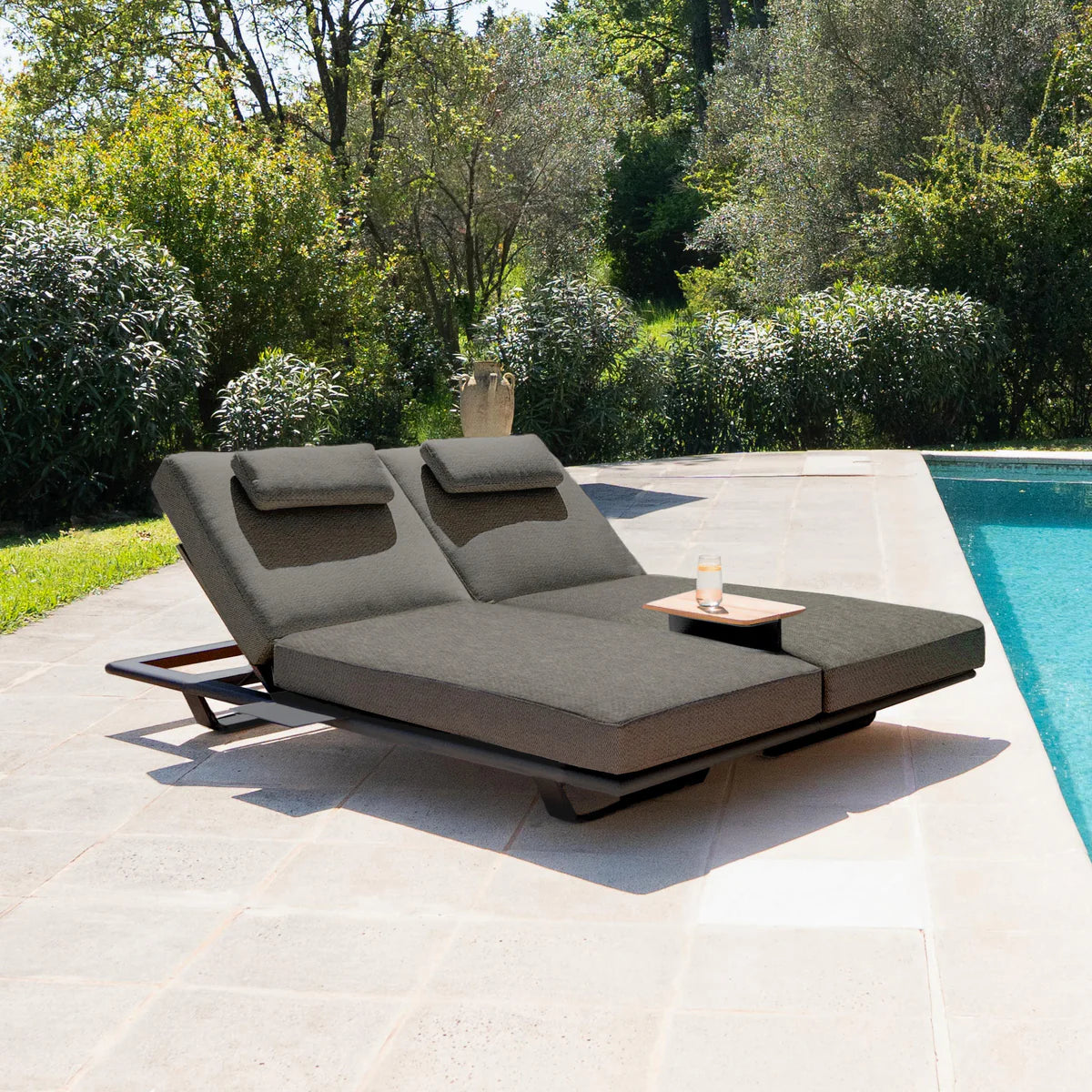 Hatia Double Sun Lounger With Side Table Charcoal Premium Aluminium Frame UV Cushions Outdoor Luxury