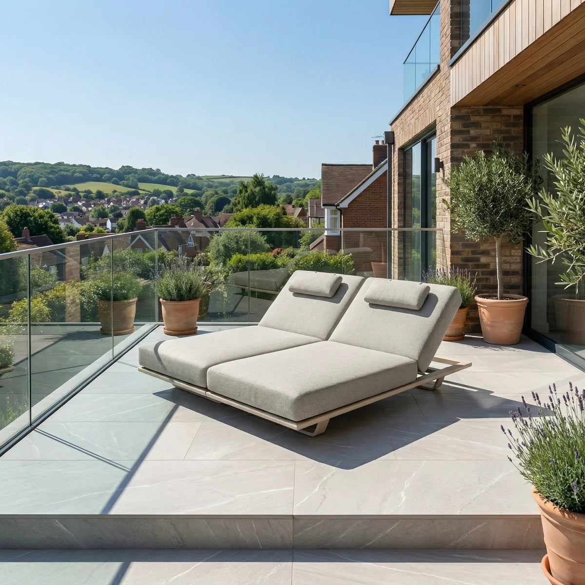 Hatia Double Sun Lounger Latte Two Seater For Couples With Weather Ready Powder Coated Aluminium Frame