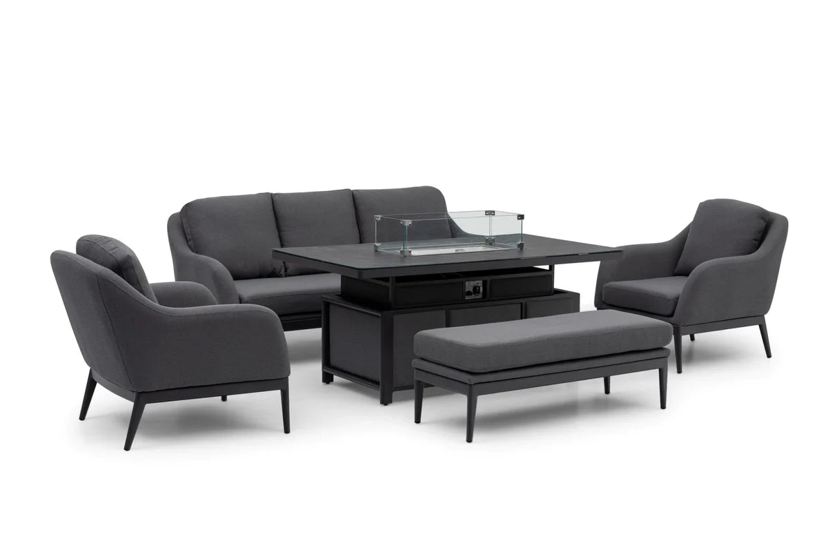 Luna 3 Seat Outdoor Fabric Sofa Set with Rising Firepit Table in Grey