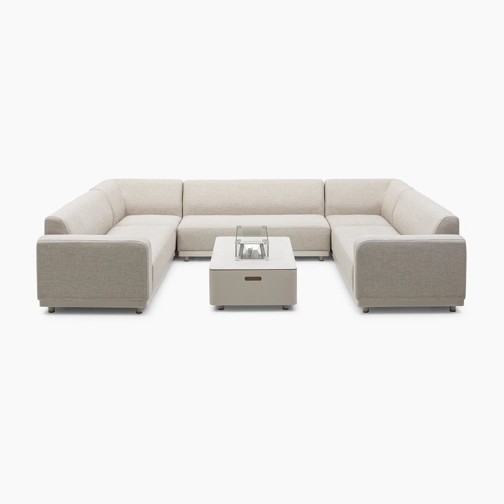 Luna U-Shape Outdoor Fabric Sofa Set with Firepit Coffee Table in Fawn