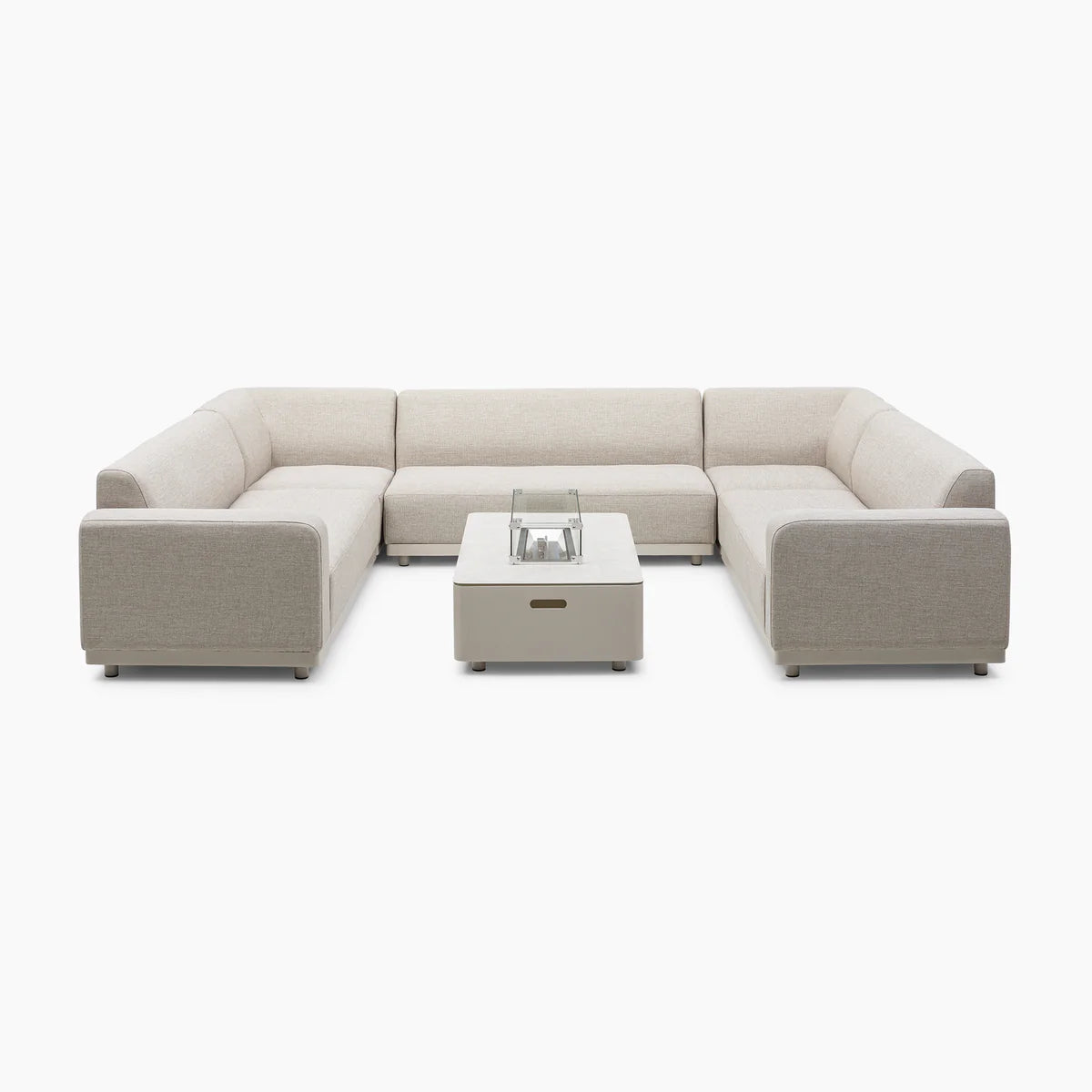 Luna U-Shape Outdoor Fabric Sofa Set with Firepit Coffee Table in Fawn