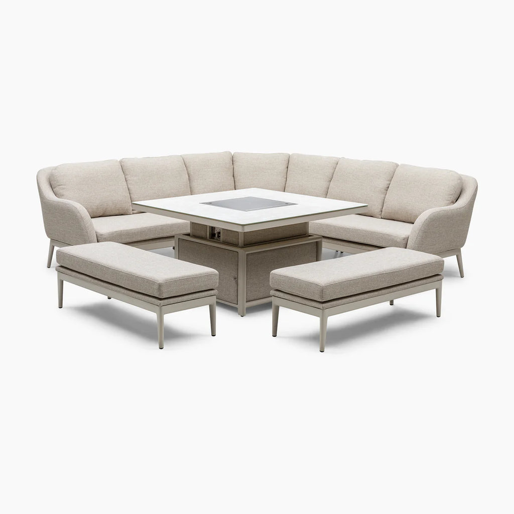 Luna Deluxe Outdoor Fabric Square Corner Dining Set with Rising Firepit Table in Fawn