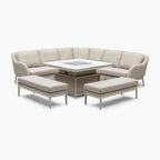 Luna Deluxe Outdoor Fabric Square Corner Dining Set with Rising Firepit Table in Fawn