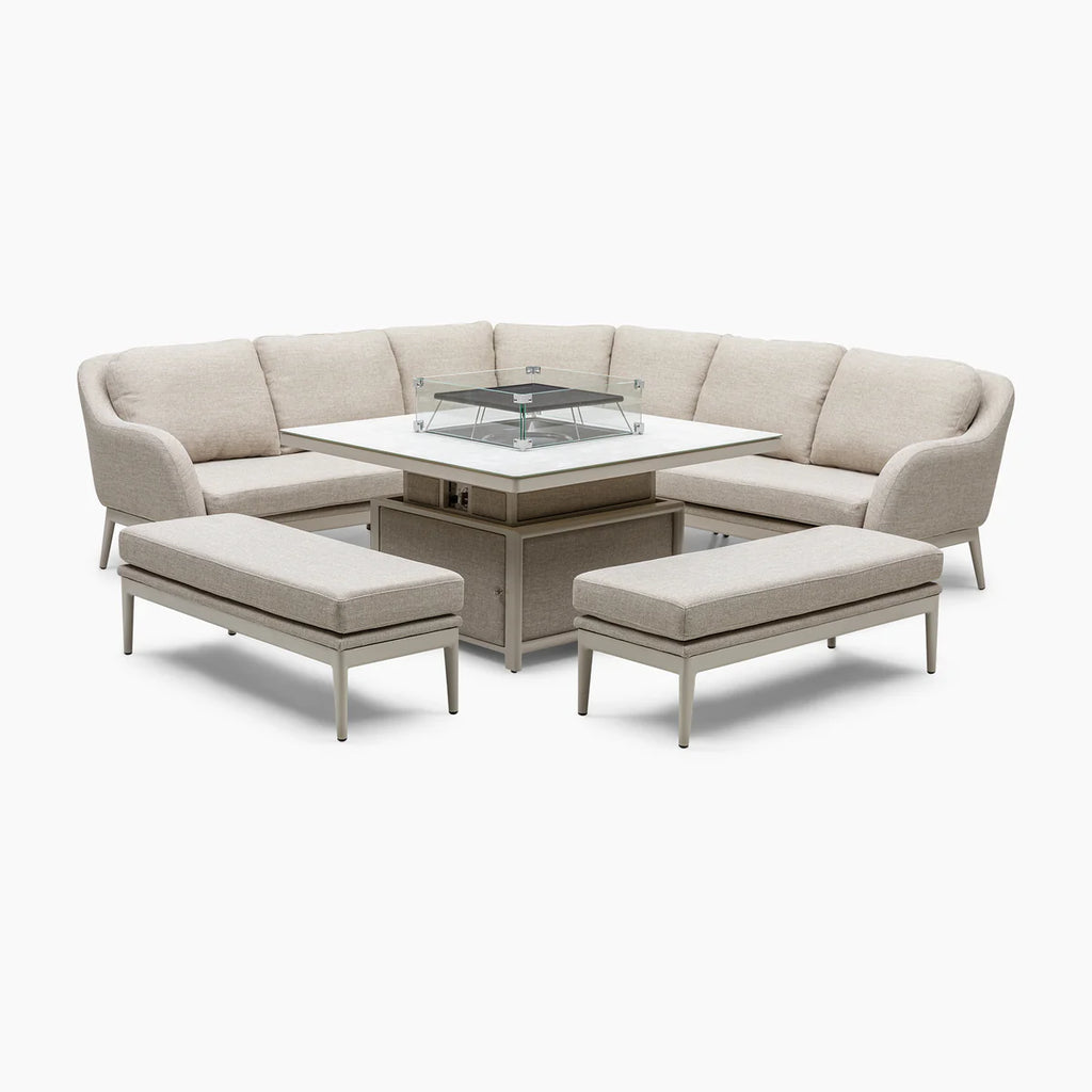 Luna Deluxe Outdoor Fabric Square Corner Dining Set with Rising Firepit Table in Fawn