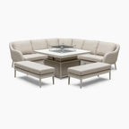 Luna Deluxe Outdoor Fabric Square Corner Dining Set with Rising Firepit Table in Fawn