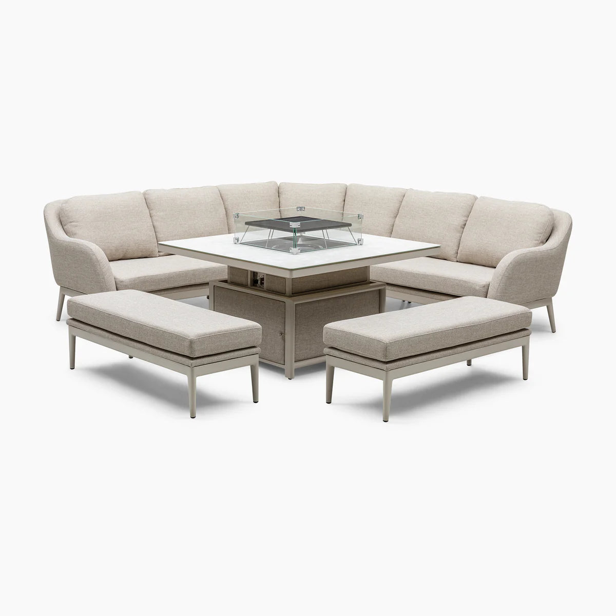 Luna Deluxe Outdoor Fabric Square Corner Dining Set with Rising Firepit Table in Fawn