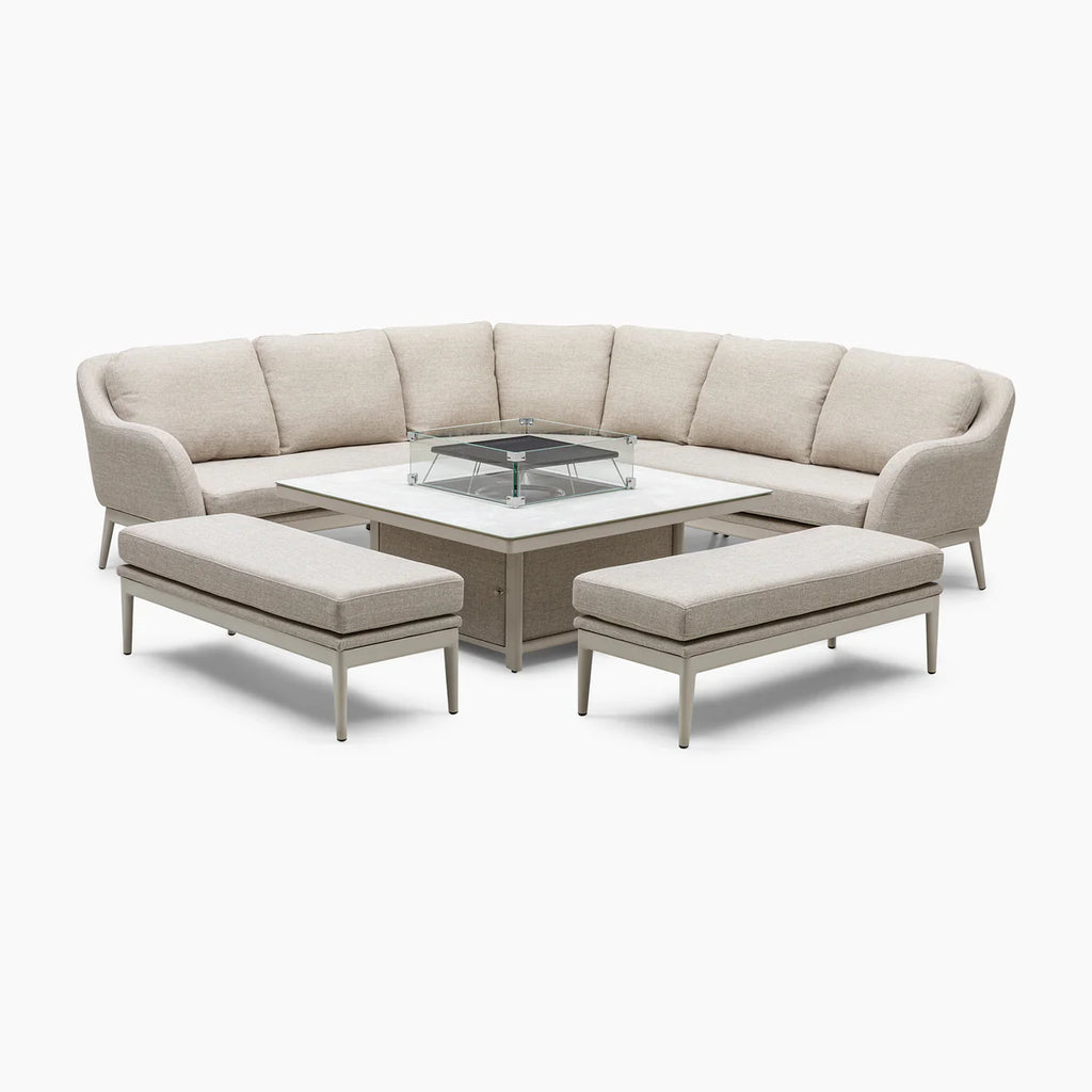 Luna Deluxe Outdoor Fabric Square Corner Dining Set with Rising Firepit Table in Fawn