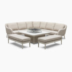 Luna Deluxe Outdoor Fabric Square Corner Dining Set with Rising Firepit Table in Fawn