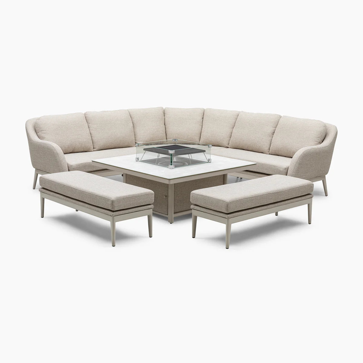 Luna Deluxe Outdoor Fabric Square Corner Dining Set with Rising Firepit Table in Fawn