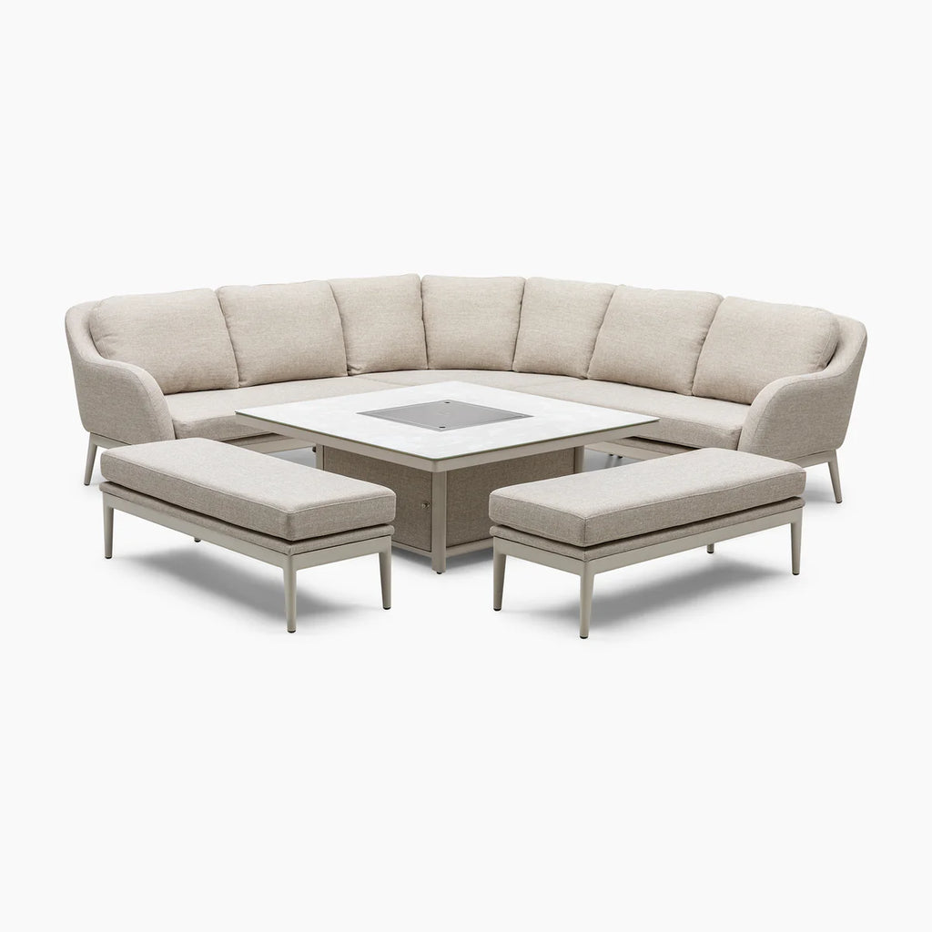 Luna Deluxe Outdoor Fabric Square Corner Dining Set with Rising Firepit Table in Fawn