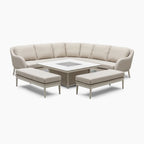 Luna Deluxe Outdoor Fabric Square Corner Dining Set with Rising Firepit Table in Fawn