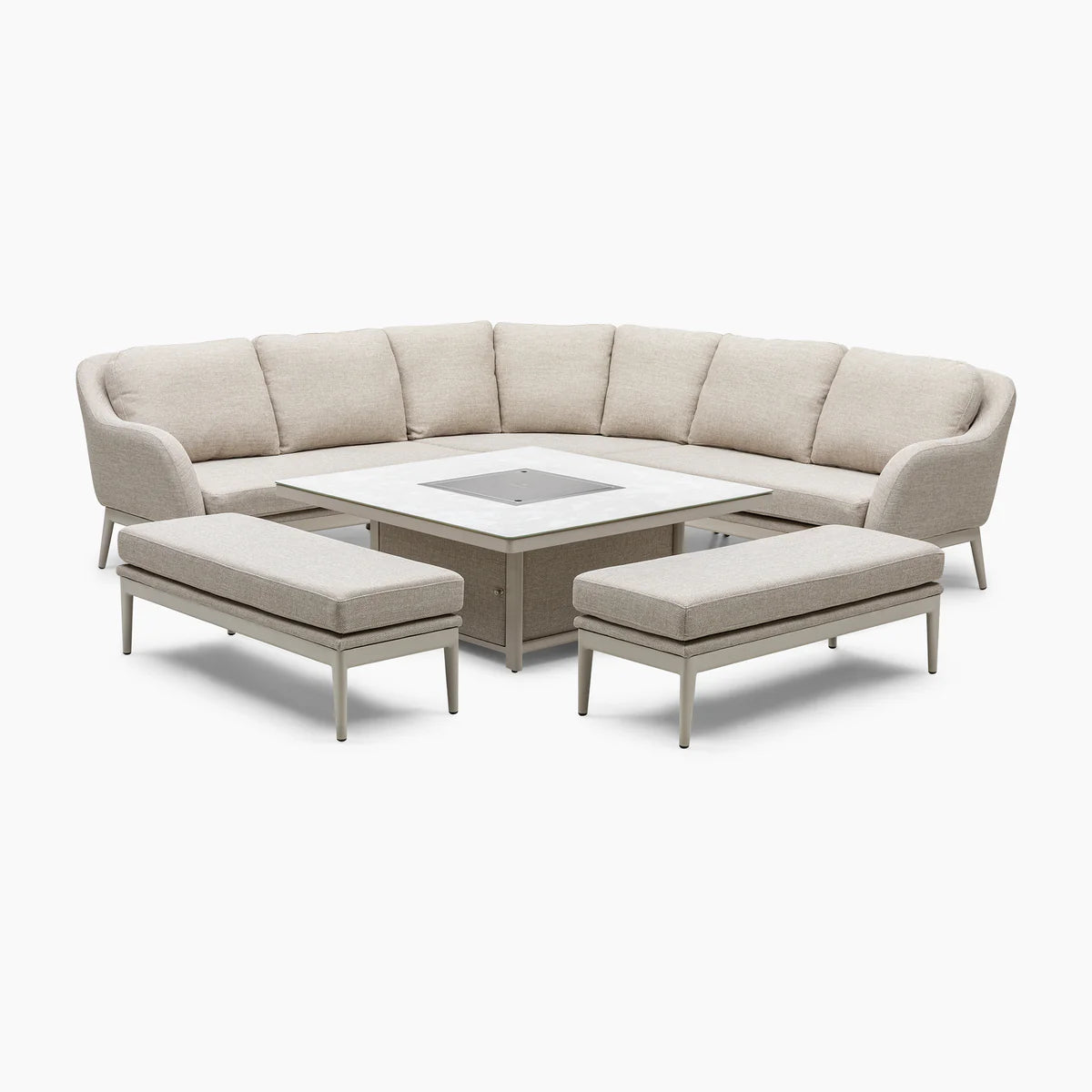 Luna Deluxe Outdoor Fabric Square Corner Dining Set with Rising Firepit Table in Fawn