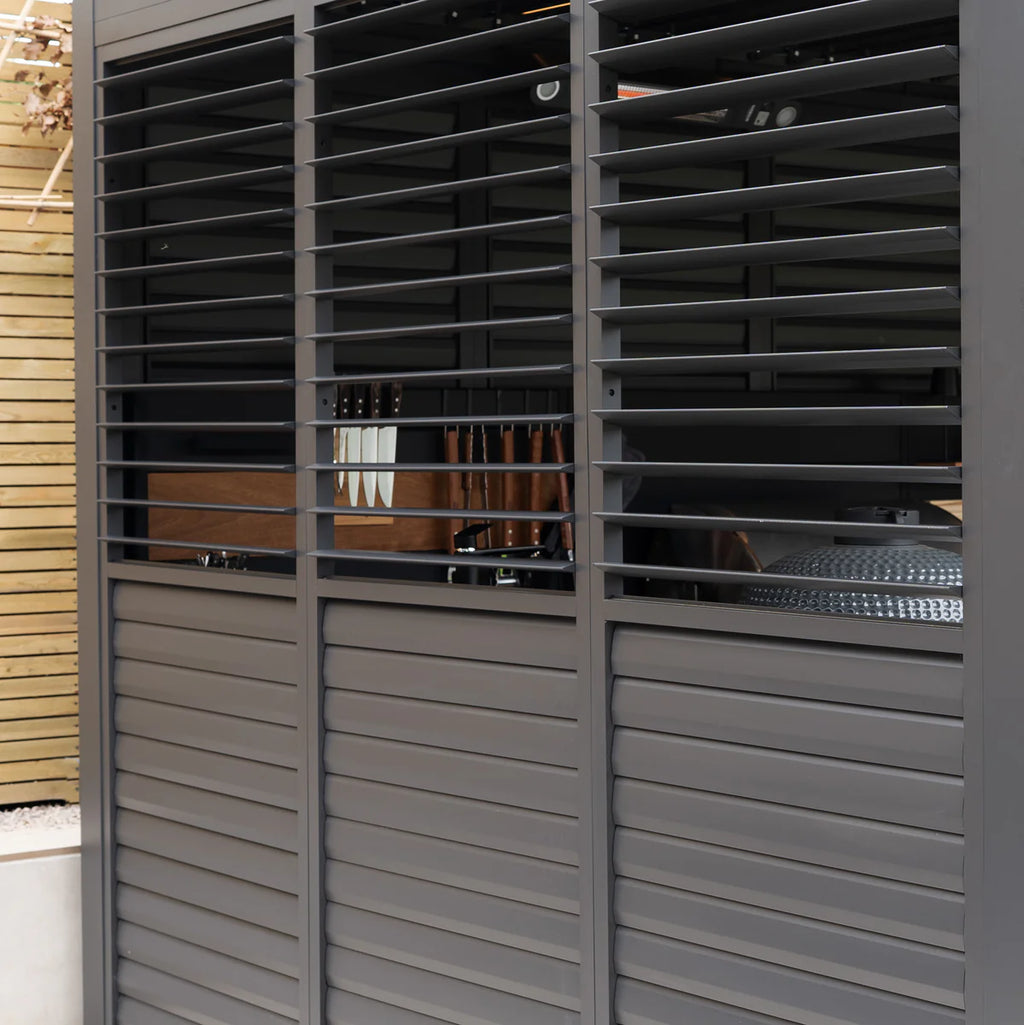 PergoSTET Deluxe 3m x 6m Rectangular Pergola with Motorised LED Louvres, Louvred Side Panels and Manual Side Blinds in Grey