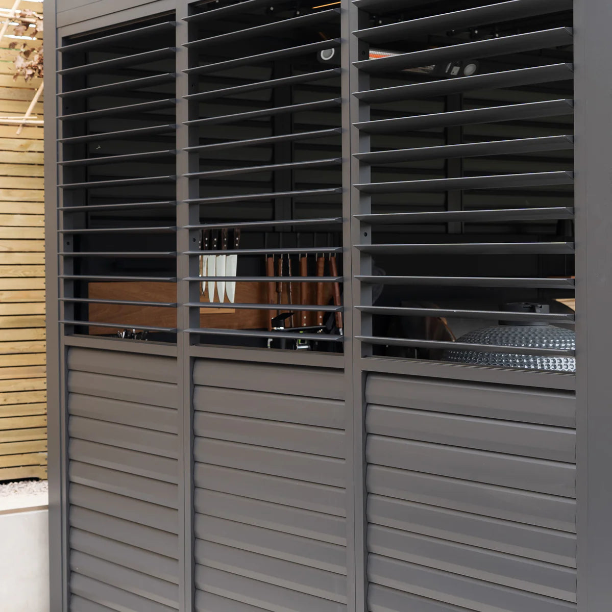 PergoSTET Deluxe 3m x 6m Rectangular Pergola with Motorised LED Louvres, Louvred Side Panels and Manual Side Blinds in Grey