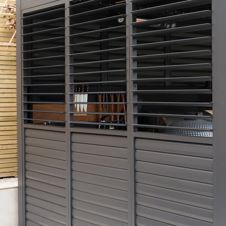 PergoSTET Deluxe 3m x 6m Rectangular Pergola with Motorised LED Louvres, Louvred Side Panels and Manual Side Blinds in Grey