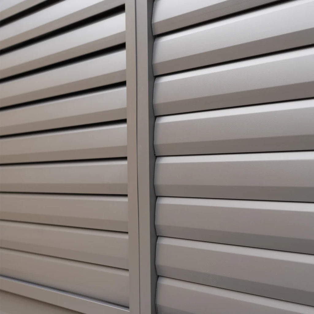 PergoSTET Deluxe 3m x 6m Rectangular Pergola with Motorised LED Louvres, Louvred Side Panels and Manual Side Blinds in Grey