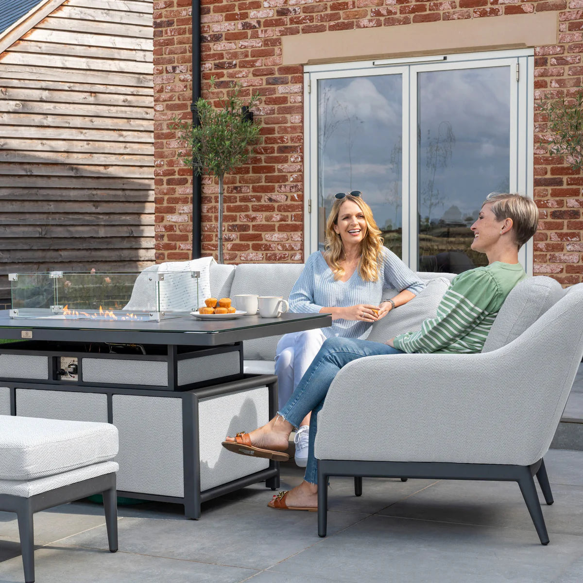 Luna 3 Seat Outdoor Fabric Sofa Set with Rising Firepit Table in Oyster Grey