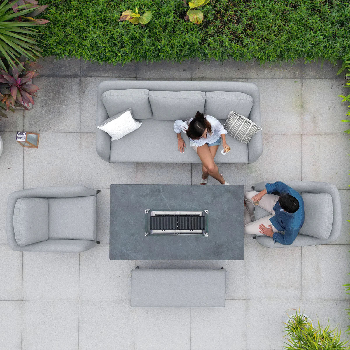 Luna 3 Seat Outdoor Fabric Sofa Set with Rising Firepit Table in Oyster Grey