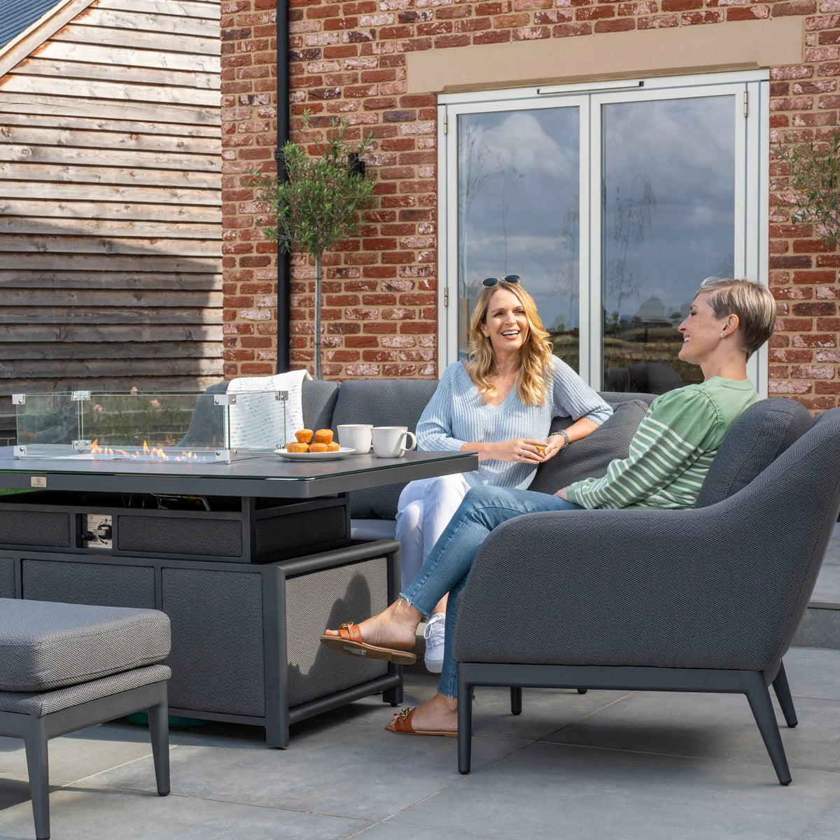 Luna 3 Seat Outdoor Fabric Sofa Set with Rising Firepit Table in Grey