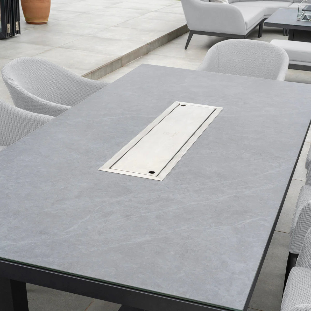 Luna 8 Seat Outdoor Fabric Rectangular Ceramic Firepit Dining Set in Oyster Grey
