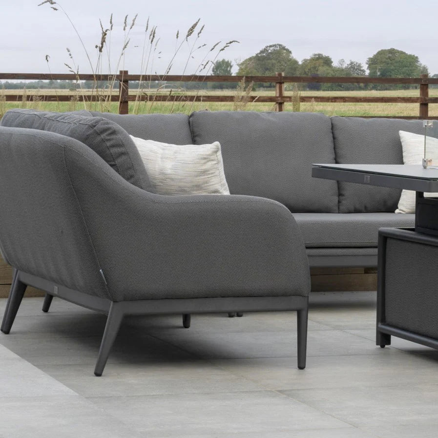 Luna Deluxe Outdoor Fabric Square Corner Dining Set with Rising Firepit Table in Grey