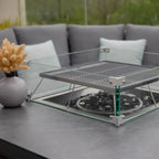 Luna Deluxe Outdoor Fabric Square Corner Dining Set with Rising Firepit Table in Grey